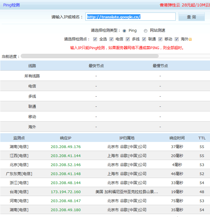 通过站长之家超级Ping工具查询谷歌翻译